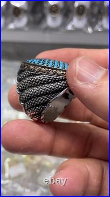 Aaa Quality Sterling 925 Silver Men's Jewelry Handgraved Nano Turquoise Ring