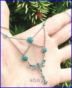 Antique Art Nouveau Dragonfly Turquoise Insect STERLING SILVER Festoon Necklace