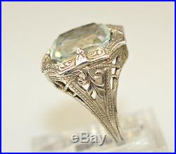 Antique Edwardian Sterling Silver Filigree Faux Aquamarine Ring Size 2.5