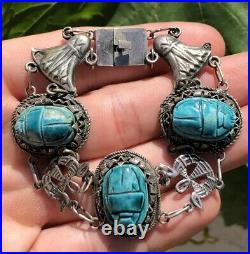 Antique Egyptian Revival Turquoise Scarab Beetle Sterling Silver Link Bracelet