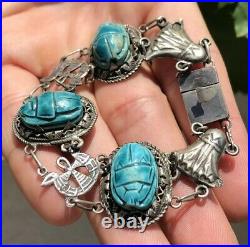 Antique Egyptian Revival Turquoise Scarab Beetle Sterling Silver Link Bracelet