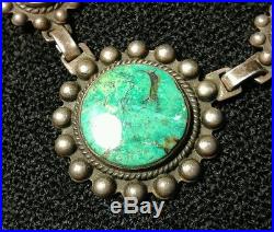 Antique Navajo Sterling Silver Turquoise Necklace Hand Made Large Inlay VTG Rare