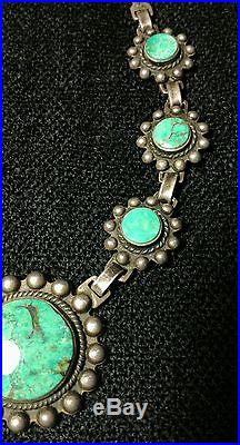 Antique Navajo Sterling Silver Turquoise Necklace Hand Made Large Inlay VTG Rare
