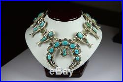 Antique Navajo Sterling Silver Turquoise Squash Blossom Necklace 184.1 grams