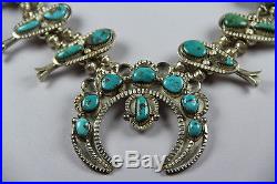 Antique Navajo Sterling Silver Turquoise Squash Blossom Necklace 184.1 grams