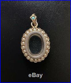 Antique Sterling Silver Gilt Turquoise Seed Pearl Locket Pendant