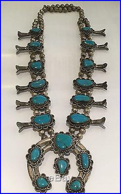 Antique Sterling Silver Native Turquoise Squash Blossom Necklace 25 Length