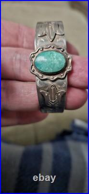 Antique Sterling Silver & Turquoise Navajo Cuff Bracelet Fred Harvey era