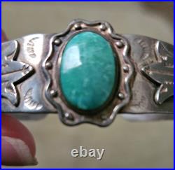 Antique Sterling Silver & Turquoise Navajo Cuff Bracelet Fred Harvey era