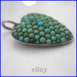 Antique Victorian Sterling Silver Persian Turquoise Cluster Puffy Heart Pendant