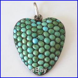 Antique Victorian Sterling Silver Persian Turquoise Cluster Puffy Heart Pendant