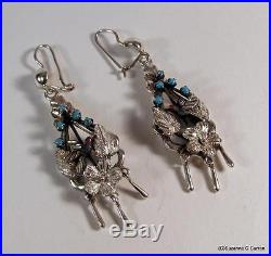 Antique Victorian Sterling Silver with Turquoise Beads Chandelier Bird Earrings