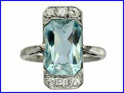 Antique Vintage Art Deco 5.65 Ct Aquamarine Engagement Ring 14K White Gold Over