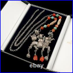Antique Vintage Art Deco Sterling Silver Chinese Turquoise Kylin Rider Necklace