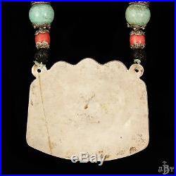 Antique Vintage Deco Sterling Silver Chinese Tibetan Turquoise Coral Necklace