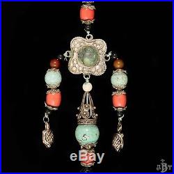 Antique Vintage Deco Sterling Silver Chinese Tibetan Turquoise Coral Necklace