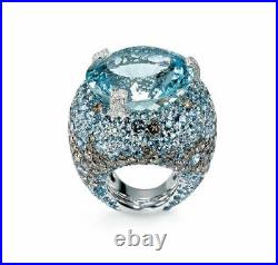 Aqua Huge Cocktail Ring 925 Sterling Silver Full Studded Women's Solid Jewelry