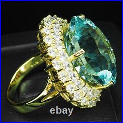 Aquamarine Aqua Blue 30.20 Ct. Sapp 925 Sterling Silver Gold Ring Size 6 Jewelry