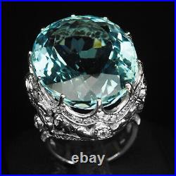 Aquamarine Aqua Blue Oval 40.30 Ct. Sapp 925 Sterling Silver Ring Sz 7.25 Jewelry