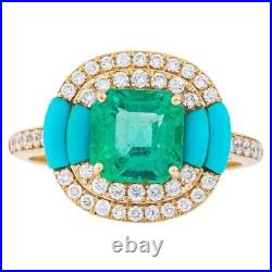 Asscher Syn Emerald & Turquoise Cocktail Ring 925 Sterling Silver Elegant Jewel Asscher Syn Emerald & Turquoise Cocktail Ring 925 Sterling Silver Elegant Jewel