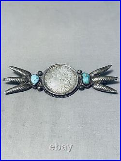 Astounding Vintage Navajo Turquoise & Silver Dollar Sterling Silver Pin