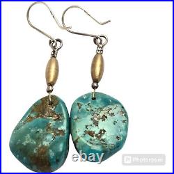 Authentic Navajo Turquoise Slab Earrings Sterling Silver Blue Diamond Turquoise