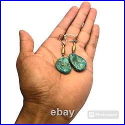 Authentic Navajo Turquoise Slab Earrings Sterling Silver Blue Diamond Turquoise