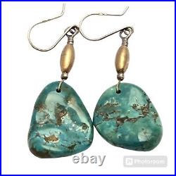 Authentic Navajo Turquoise Slab Earrings Sterling Silver Blue Diamond Turquoise