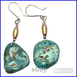 Authentic Navajo Turquoise Slab Earrings Sterling Silver Blue Diamond Turquoise