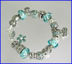 Authentic Pandora Charm Bracelet Mom Family Blue Aqua European Charms Gift 8.3