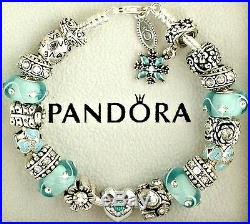 Authentic Pandora Charm Bracelet with Love Heart Flower New Aqua European Charms