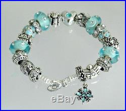 Authentic Pandora Silver Bracelet with Heart Love Aqua Blue Gift European Charms