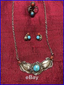 BEAUTIFUL Sterling Silver Turquoise Coral Squash Blossom Necklace! 18inch