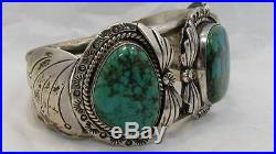 Big Vintage Signed Navajo Sterling Silver Bisbee Turquoise Cuff Bracelet Western