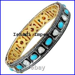 Bangle Natural RoseCut Diamond & Polki Turquoise 925 Sterling Silver Jewelry