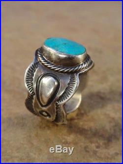 Beautiful Navajo Sterling Silver & Turquoise Cigar Band Ring sz 8