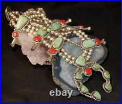 Beautiful Sterling Silver Turquoise / Coral Southwestern Squash Blossom Necklace
