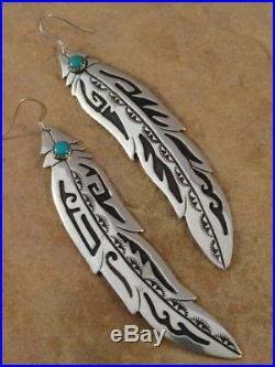 Beautiful Sterling Silver & Turquoise Feather Earrings By Tommy Singer Family
