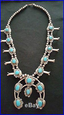 Beautiful Turquoise & Sterling Silver Squash Blossom Necklace