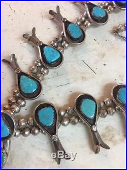 Best Old Native American Sterling Silver & Turquoise Squash Blossom Necklace