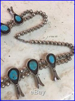 Best Old Native American Sterling Silver & Turquoise Squash Blossom Necklace