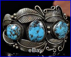Big Vintage Old Pawn Navajo Morenci TURQUOISE Sterling Silver Blossom Bracelet