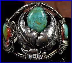 Big Vintage Old Pawn Navajo Royston Turquoise & Coral Sterling Silver Bracelet