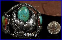 Big Vintage Old Pawn Navajo Royston Turquoise & Coral Sterling Silver Bracelet