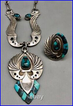 Bisbee Turquoise and Sterling Silver Necklace and Ring Set by Carlos White Eagle