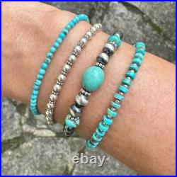 Blue Arizona Turquoise Round Beaded Boho Bracelet, Small Tiny Dainty 3mm Beads
