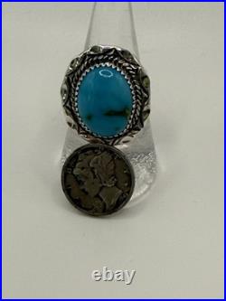 Blue Green Turquoise Ring Sterling Silver Avin Joe Navajo Size 8 R0182