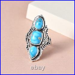 Boho Handmade 925 Sterling Silver Turquoise 3 Stone Ring Jewelry Ct 6.4