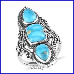 Boho Handmade 925 Sterling Silver Turquoise 3 Stone Ring Jewelry Size 8 Ct 6.4