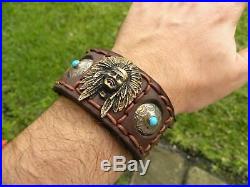 Brass Indian head sterling silver concho Buffalo leather cuff bracelet customize